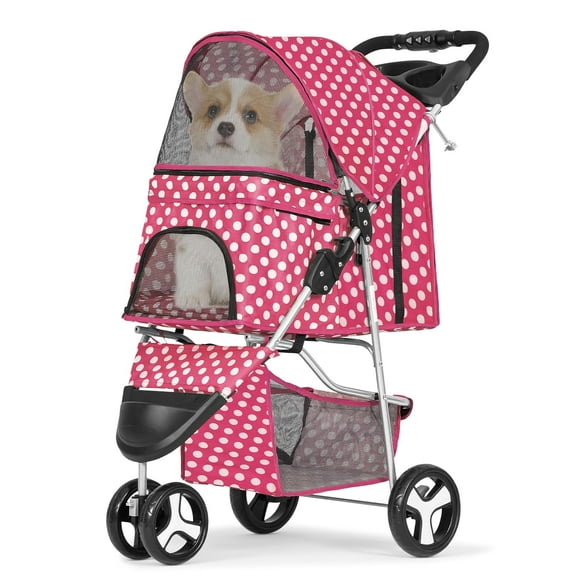 Cat Dog Stroller,3-Wheels Pet Stroller for Medium/Puppy Dogs 30 Lbs, Cat Strollers for 1 Cats, Foldable Dog Stroller with Storage Basket and Cup Holder, Breathable Mesh Pink Polka Dots