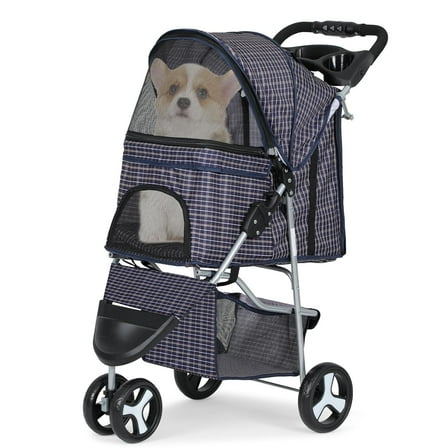 Cat Dog Stroller,3-Wheels Pet Stroller for Medium/Puppy Dogs 30 Lbs, Cat Strollers for 1 Cats, Foldable Dog Stroller with Storage Basket and Cup Holder, Breathable Mesh Plaid