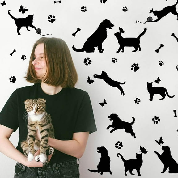 Cat Dog Wall Stickers Butterfly Wall Decals Paw Print Wall Sticker House Pet Art Mural Black Adhesive Vinyl Art for Bedroom Living Room Cat Dog Lover's Home Decor Mixed Color 1set
