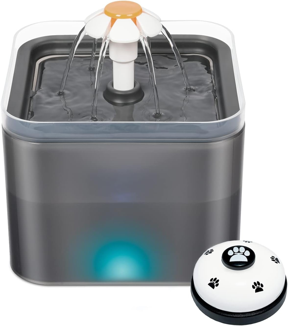 Cat Dog Water Fountain with Adapter, 67oz/2L Ultra Silent Cat Fountain, Automatic Square Drinking Fountain with Pet Bell for Cats Dogs Birds (Gray)