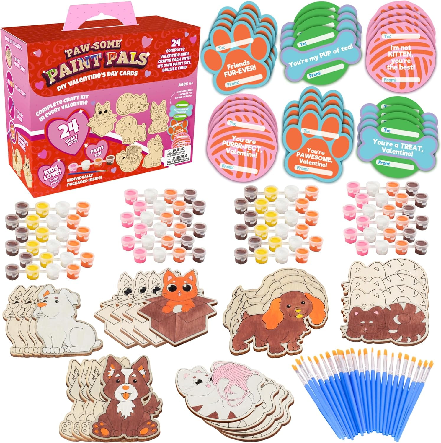 Cat and Dog Wood Painting Kits (24ct)- Perfect Goodie Bag Party Favors for Kids Birthday Party - Each has a Wood Craft, Paints, Brush & Sticker for Boys & Girls