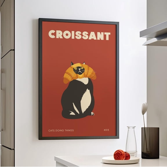 Cat Doing Things Black Cat Croissant Face Poster Cat Posters Funny Cat Kitchen Decor Retro Cat Wall Art Humorous Cat Print Unframed Paper Print