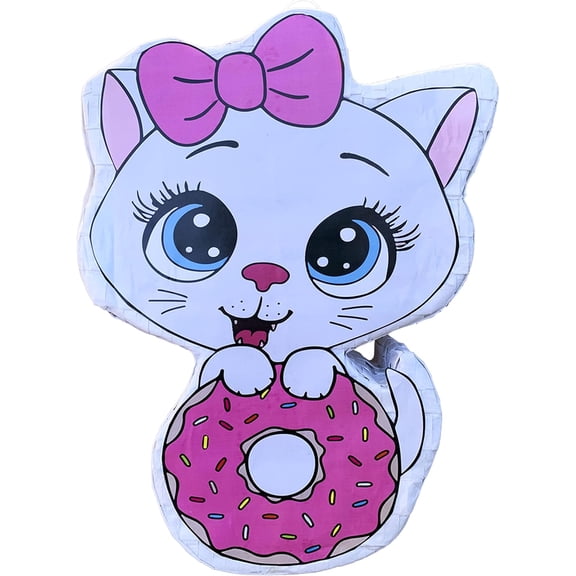 Cat Donut Pinata Bulk Candy Fill Spill Pinatas - Kitty Party Favor Game for Kids Boys Girl Birthday Parties Supplies - Animal Theme Cute Decor School Carnivals Cat Party Event - 16.5 X 12 X 4 In