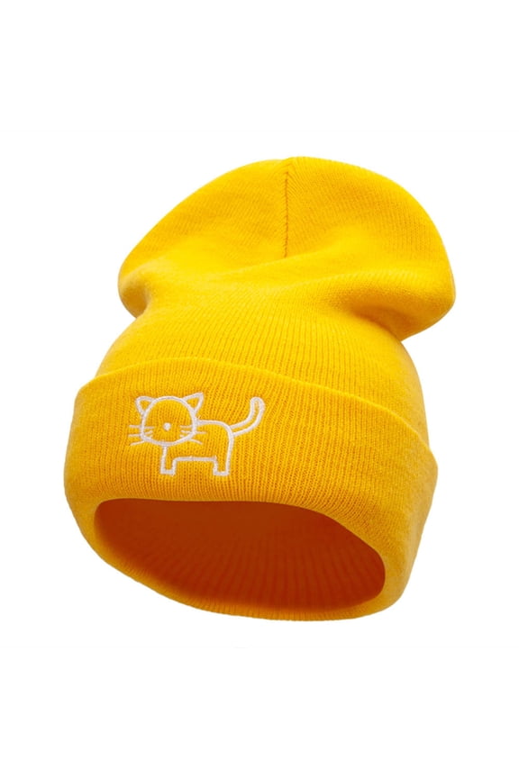 Cat Doodle Outline Embroidered Knitted Long Beanie - Yellow OSFM