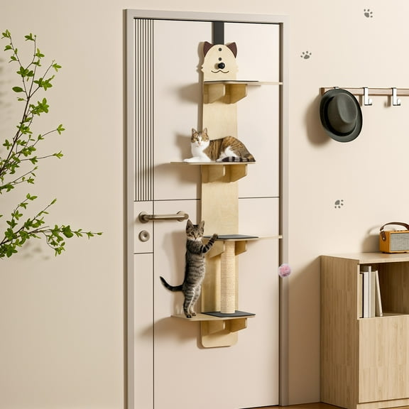 Cat Door Hanger, 4-Tiers Vertical Cat Tree over The Door, Door Hanging Cat Shelves with Scratching Post, Pads, Tease Cat Ball, Over Door Cat Climber for Indoor Cats Lanzxjv