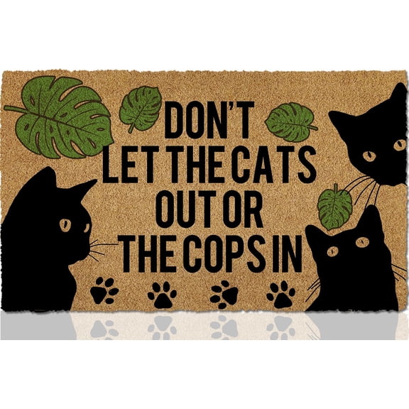 Cat Door Mat Welcome Mat - No-Shed Faux Coir & Non-Slip Backing - Funny Doormat with Don't Let The Cats Out or The Cops in Design for Rainy Outdoor Entrance, Front Door, Porch, 23.6" x 15.7"