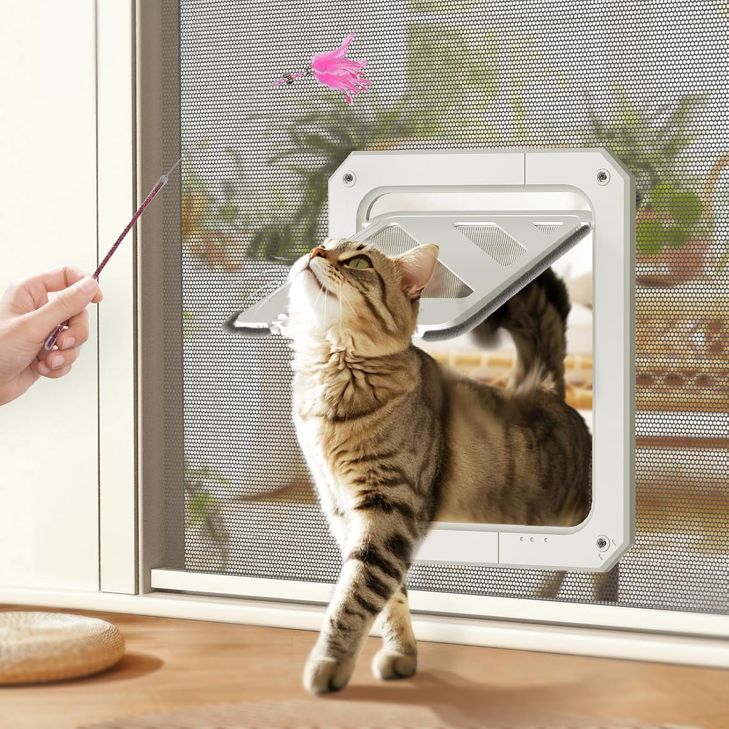 Cat Door for Screen Door, Lockable Cat Screen Door for Cats & Small Dogs Up to 20 lbs, Magnetic Flap Opening 7 x 9 inches, Equipped with Interactive Cat Toy & Installation Tools, White
