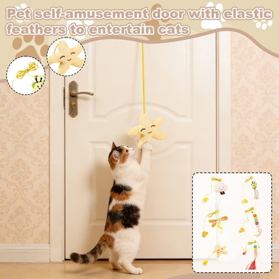 Cat Door Toy with Feathers - Hanging Swing Teaser with Bell & Mouse, Self-Entertaining Interactive Cat Toy for Door-Mounted Play, Elastic Spring Exercise Toy for Indoor Cats A