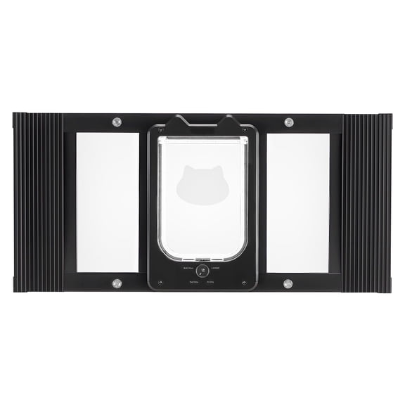 Cat Door for Window Adjustable Fit 27 to 32 Inches 4 Lock Modes Aluminum Frame High Transparency Glass Magnetic Closure Weatherproof Quick Fit Pet Door Black