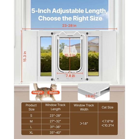 Cat Door for Window,Adjustable to Fit Window Width 23"-28",4 Secure Lock Modes,Aluminum Frame&High-Transparency Glass,Magnetic Closure,Weatherproof Quick-Fit Pet Door for Cats,White