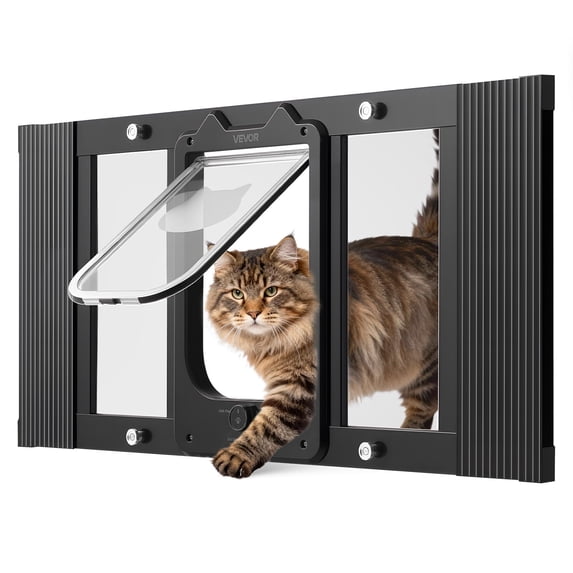 Cat Door for Window, Adjustable to Fit Window Width 31"-36", 4 Secure Lock Modes, Aluminum Frame and High-Transparency Glass, Magnetic Closure, Weatherproof Quick-Fit Pet Door for Cats, Black