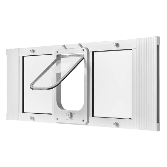 Cat Door for Window, Adjustable to Fit Window Width 35"-40", 4 Secure Lock Modes, Aluminum Frame and High-Transparency Glass, Magnetic Closure, Weatherproof Quick-Fit Pet Door for Cats, White