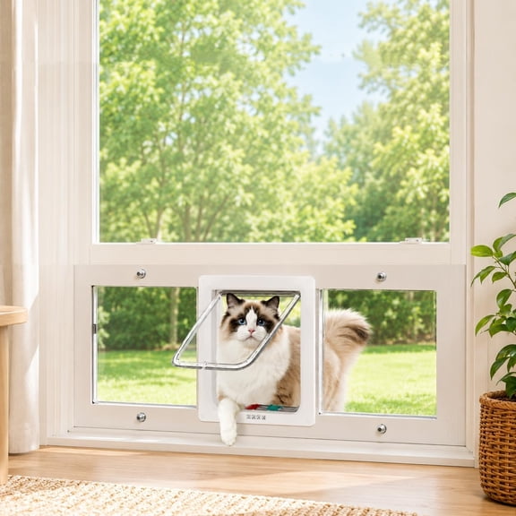Cat Door for Window,H 13.3" Adjustable Width 28-33, Window Pet Door Insert for Cat& Small Dog with 4 Locking Modes, Quick-Fit Clear Cat Window Door Magnetic Close, Weatherproof Design- White