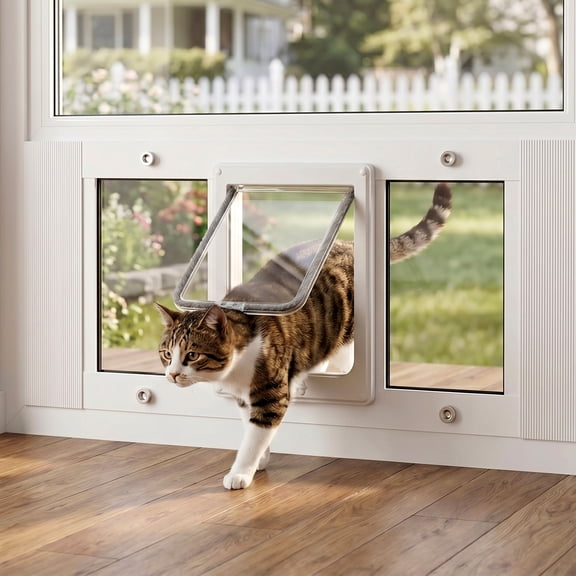 Cat Door for Window, Adjustable 23"-28", Aluminum Frame, 4 Locking Modes, Magnetic Closure, Weatherproof