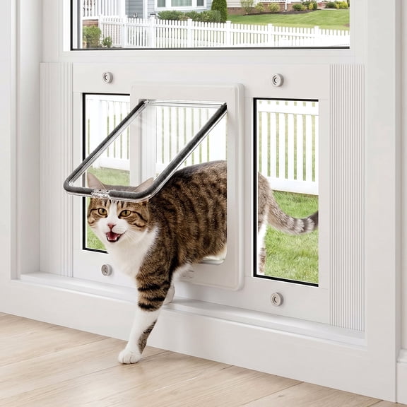 Cat Door for Window, Adjustable 27"-32", Aluminum Frame, 4 Locking Modes, Magnetic Closure, Weatherproof
