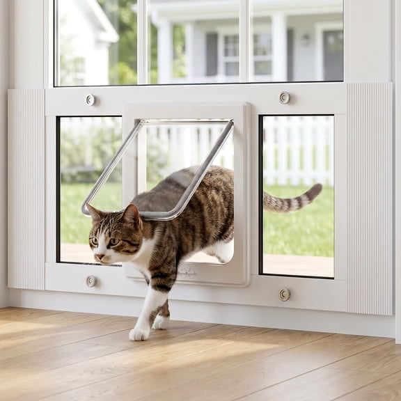 Cat Door for Window, Adjustable 31"-36", Aluminum Frame, 4 Locking Modes, Magnetic Closure, Weatherproof