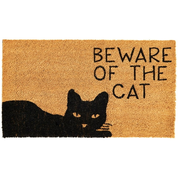 Cat Doormat for Outdoor Entrance, Beware of the Cat Coir Welcome Mat for Front Door (17x30 in)
