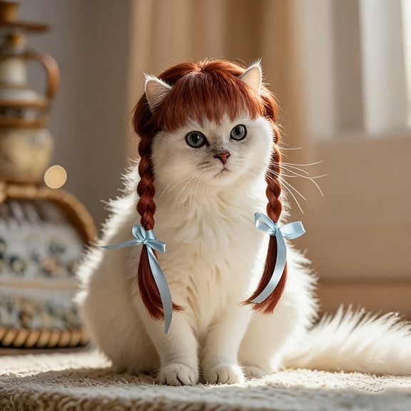 Cat Double Ponytail Wig Headpiece - Soft Braided Hair Suitable for Small Dogs & Pet Photo Props, Hand Washable Wig with Double Braids, Fun Costume Accessory for Costume Parties & Themed Shoots