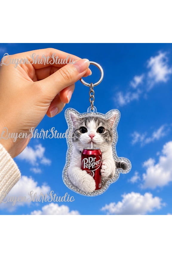 Cat Dr Pepper Keychain, Cute Trash Panda Acrylic Keychain, Glitter Animal Keyring, Soda Lover Gift, Bag Charm Accessory