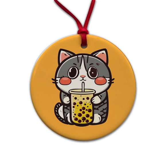 Cat Drinking Boba Bubble Tea Christmas Tree Holiday Round Ceramic Ornament