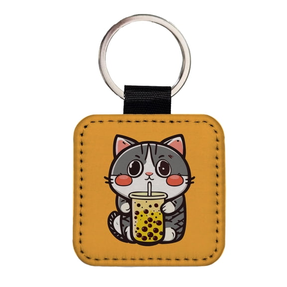 Cat Drinking Boba Bubble Tea Faux Leather Square Keychain