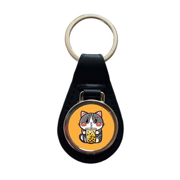 Cat Drinking Boba Bubble Tea Metal Black Leather Keychain