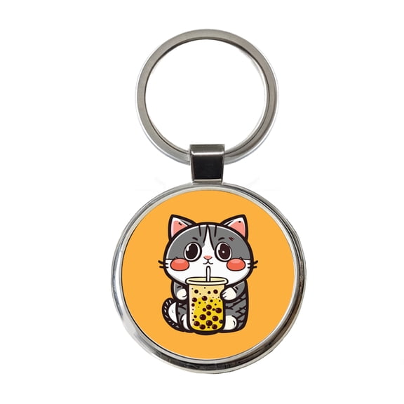 Cat Drinking Boba Bubble Tea Metal Round Keychain