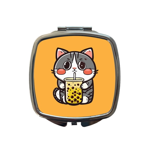 Cat Drinking Boba Bubble Tea Travel Makeup Handbag Purse Small Pocket Compact Mirror