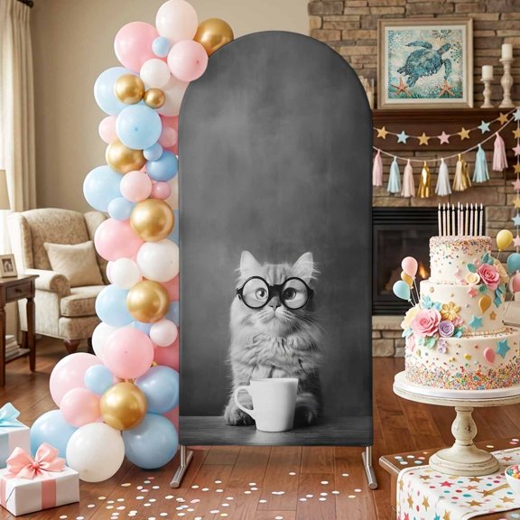 Cat Drinking Coffee Arch Backdrop Covers 4 FT, Funny Animal Stretchy Fitted Arched Stand Covers Party Arch Stand Cover Photo Booth for Wedding Birthday Decor