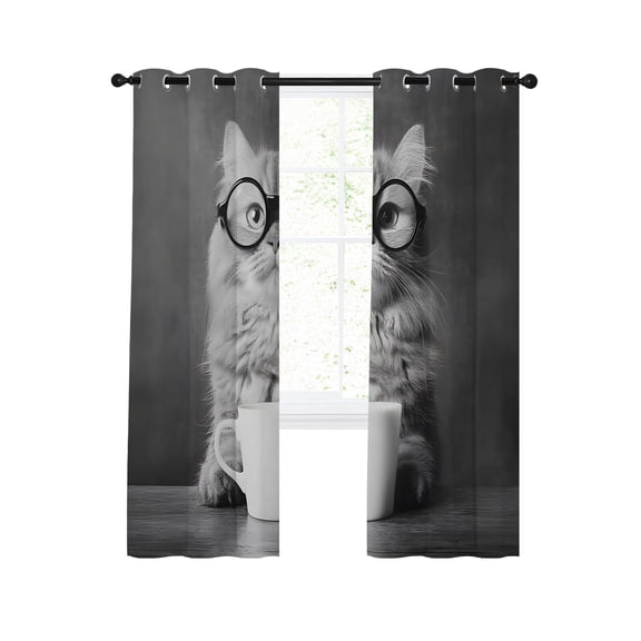 Cat Drinking Coffee Blackout Curtains for Bedroom Living Room, Funny Animal 45 In Long Thermal Insulated Room Darkening Drapes Grommet Window Treatments, 42 x 45 In