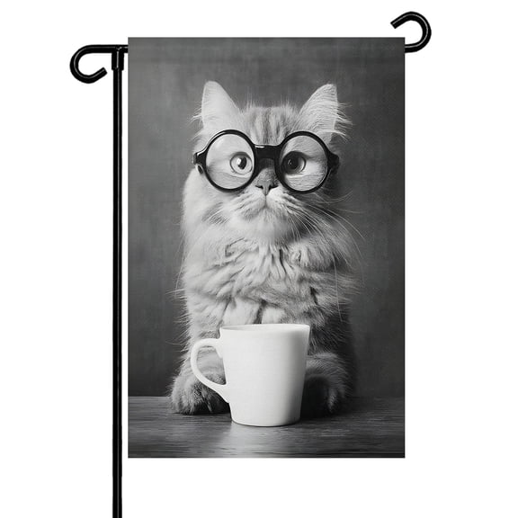 Cat Drinking Coffee Garden Flag 12x18 Inch Funny Animal Double Sided Small Decorative Garden Flags for Outside, Outdoor Yard Porch Lawn Decoration