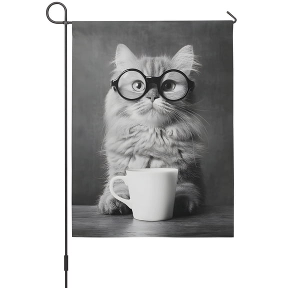 Cat Drinking Coffee Garden Flags For Outdoor, Funny Animal Small Double Side Yard Flags Weather Proof Garden Decor for Lawn Outside Holiday 12 x 18 Inches