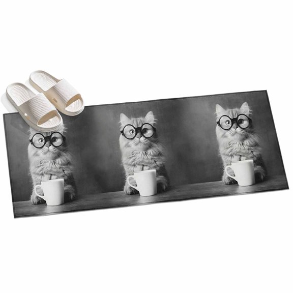 Cat Drinking Coffee Washable Area Rug 2 x 6 ft Funny Animal Soft Non Slip Rugs Stain Repellent Indoor Felt Carpet for Living Dining Room Bedroom Home Office