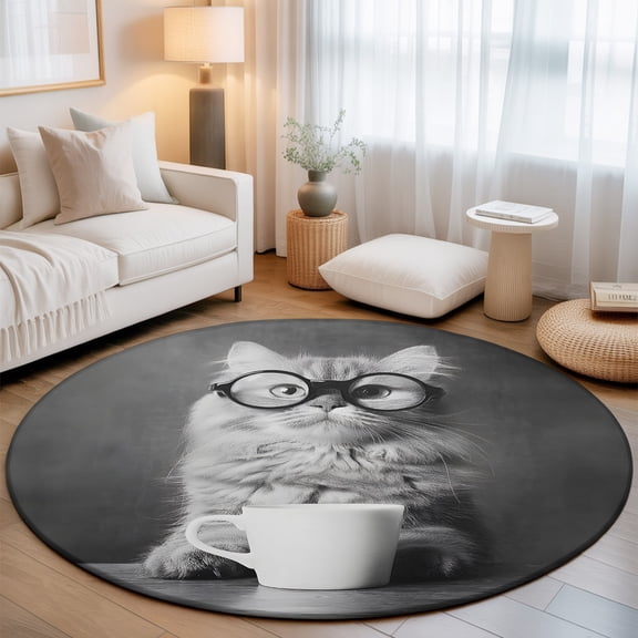 Cat Drinking Coffee Washable Round Area Rug 6 ft, Funny Animal Soft Non Slip Rugs Stain Repellent Indoor Felt Carpet for Living Dining Room Bedroom Home Office