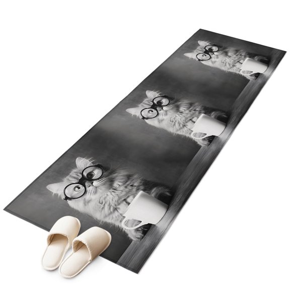 Cat Drinking Coffee Washable Runner Rugs 2'x6', Funny Animal Low Pile Throw Entryway Rug Non-Slip Sturdy Edge Binding Carpet for Indoor Bedside Entrance Bedside