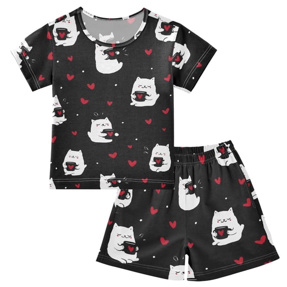Cat Drinking Water Pattern Summer Pajama Set Soft Cotton Short Sleeve Sleepwear 2PCS Pajama Sets Breathable Lounge Set Size 12Y