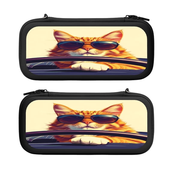 Cat Driving, Carrying Case For Nintendo Switch & OLED Version, Eva Lightweight Shockproof Protective Pouch Case for Game Console & Accessories with 10 Game Card Slot & Wristband, Black