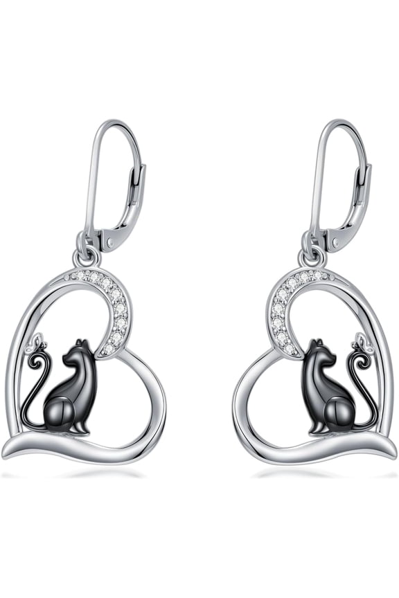 Cat Drop Earrings for Women 925 Sterling Silver Heart Cat Earrings Black Kitten Jewelry Gifts for Mom Wife Sister