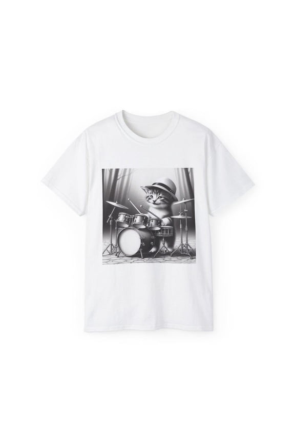 Cat Drummer Graphic T-Shirt Funny Kitten Playing Drum Set Shirt Music Lover Gift Animal Drummer Tee Cat Lover Music Graphic Tee