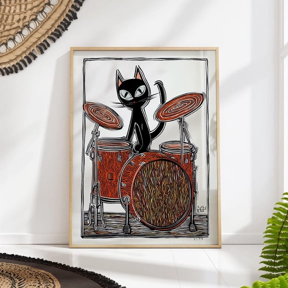 Cat Drums Mid Century Music Room Wall Art, Unframed Paper Poster 8x10in