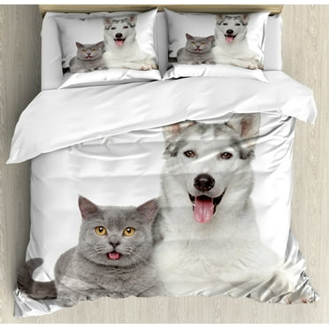 Ambesonne Cat Duvet Cover Set, Animals Pets Dogs Digital, Calking, White and Grey