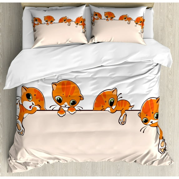 Cat Duvet Cover Set, Banner with Little Kitties Felines over Jumping the Walls Free Design, Decorative 3 Piece Bedding Set with 2 Pillow Shams, King Size, Orange Cream White, by Ambesonne