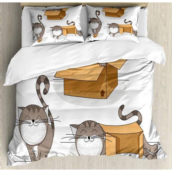 Cat Duvet Cover Set, Cartoon Cat Trying Fit Different Sized Cardboard Boxes Domestic Companion, Decorative 3 Piece Bedding Set with 2 Pillow Shams, Calking Size, Sand Brown Warm Taupe, by Ambesonne