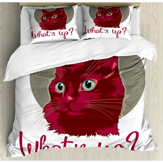 Cat Duvet Cover Set, Colorful Modern Art Young Pet Portrait Asking Whats up Animal, Decorative 3 Piece Bedding Set with 2 Pillow Shams, King Size, Red Grey White, by Ambesonne