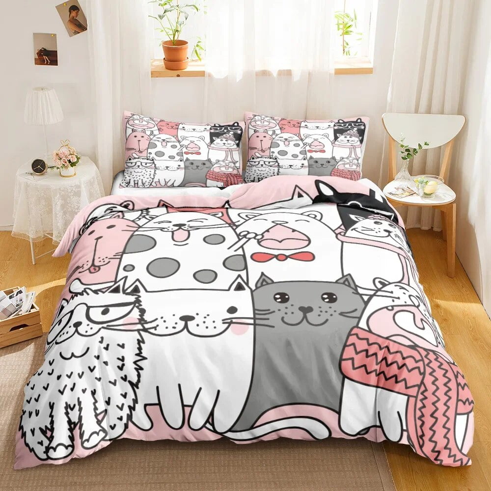 Cat Duvet Cover Set Digital Different Color Cartoon Cute Cat Bedding
