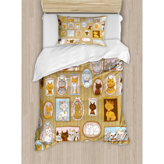 Cat Duvet Cover Set, Family Tree of a Kitty with Portraits Domestic Feline Characters Gallery Humor Design, Decorative 2 Piece Bedding Set with 1 Pillow Shams, Twin Size, Multicolor, by Ambesonne