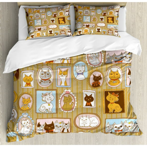Cat Duvet Cover Set, Family Tree of a Kitty with Portraits Domestic Feline Characters Gallery Humor Design, Decorative 3 Piece Bedding Set with 2 Pillow Shams, King Size, Multicolor, by Ambesonne