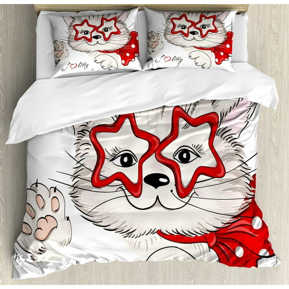 Cat Duvet Cover Set, Fashion Portrait Hipster Cat with Star Shaped Glasses and Bow I Love Kitty, Decorative 3 Piece Bedding Set with 2 Pillow Shams, Queen Size, Pale Pink Beige and Red, by Ambesonne