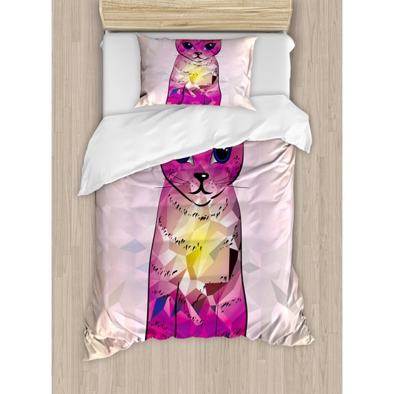 Cat Duvet Cover Set, Geometrc Digital Color Robot Cat with Technologic Patterns Little Retro Art, Decorative 2 Piece Bedding Set with 1 Pillow Shams, Twin Size, Pink Fuchsia, by Ambesonne