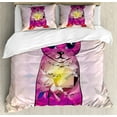 thumbnail image 1 of Cat Duvet Cover Set, Geometrc Digital Color Robot Cat with Technologic Patterns Little Retro Art, Decorative 3 Piece Bedding Set with 2 Pillow Shams, King Size, Pink Fuchsia, by Ambesonne, 1 of 3